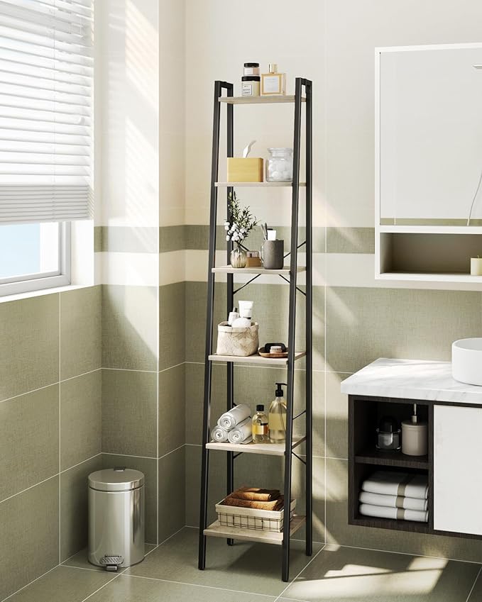 Ladder Shelf, Bookshelf Bookcase, Freestanding Corner Storage Shelve with 2 Hooks for Home Office, Living Room, Kitchen, Bedroom, Industrial, 11.8" D x 13.4" W x 72.8" H, Greige BC13305B