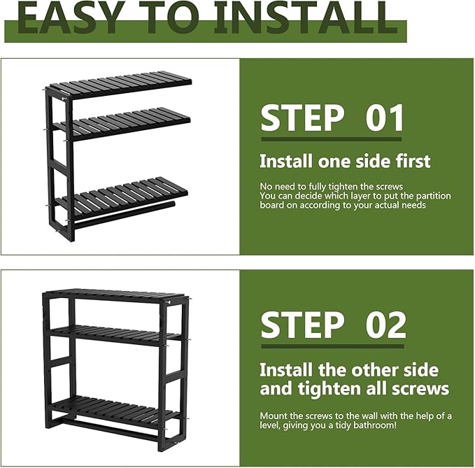 Over The Toilet Storage Bathroom Shelves Wall Mounted 3 Tier Space Saver Corner Shelf Organizer Bamboo Towel Rack Toilet Paper Cabinet with Hanging Rod Black Sets