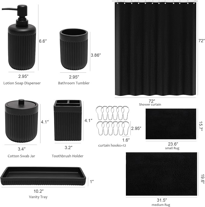 Matte Black Bathroom Sets with Shower Curtain and Rugs, 8-Piece Resin Bathroom Accessories Sets Complete, Soap Dispenser, Toothbrush Holder, Tumbler, Tray & Apothecary Jars Bathroom Essentials