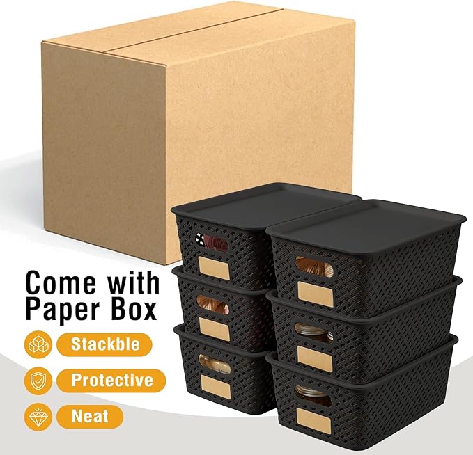 Small Plastic Twill Woven Storage Baskets with Lids, Stackable Organizing Containers with Labels for Pantry Closet Office, 6-Pack,10.35"x7.3"x4.09", Black