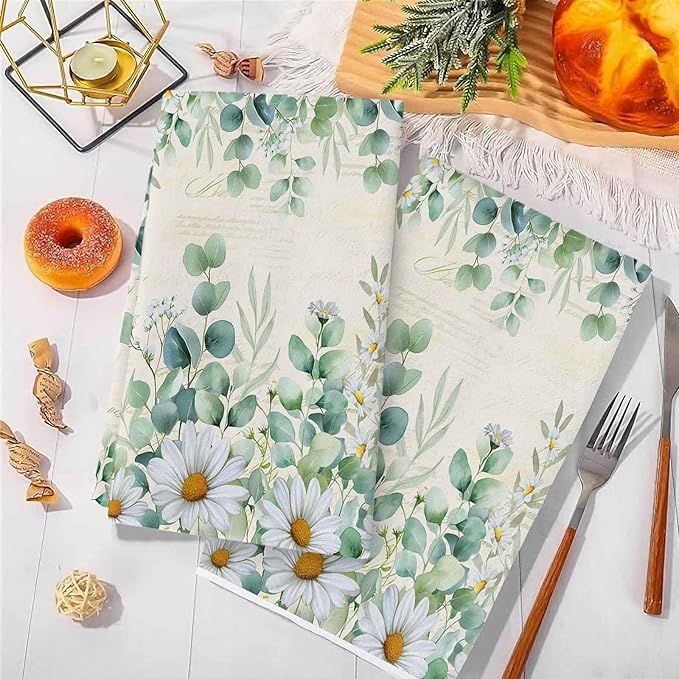 Kitchen Towels Set of 4, Green Eucalyptus Leaves Soft Microfiber Dish Towels, Daisy Summer Botanical Farmhouse Absorbent Quick-Dry Washable Dishcloths for Kitchen Cleaning, Drying Dishes, 18x28 Inches