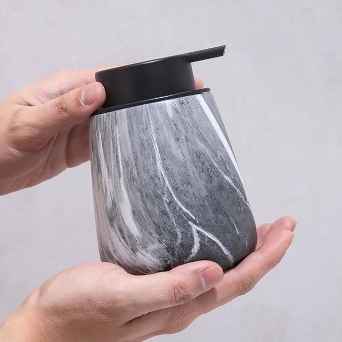 12Oz Ceramic Liquid Soap Dispenser - Modern Lotion Hand Soap Dispenser with Easy-to-Press Black Pump, Reusable and Refillable Dish Soap Dispensers for Bathroom & Kitchen, Marble Grey