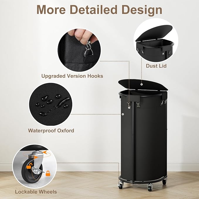 Chrislley Laundry Hamper with Wheels and Lid, 100L Rolling Laundry Basket, Half Round Laundry Cart with Removable Bag and Iron Frame, Dirty Clothes Hamper Organizer for Home, Dorm, Hotel, Black