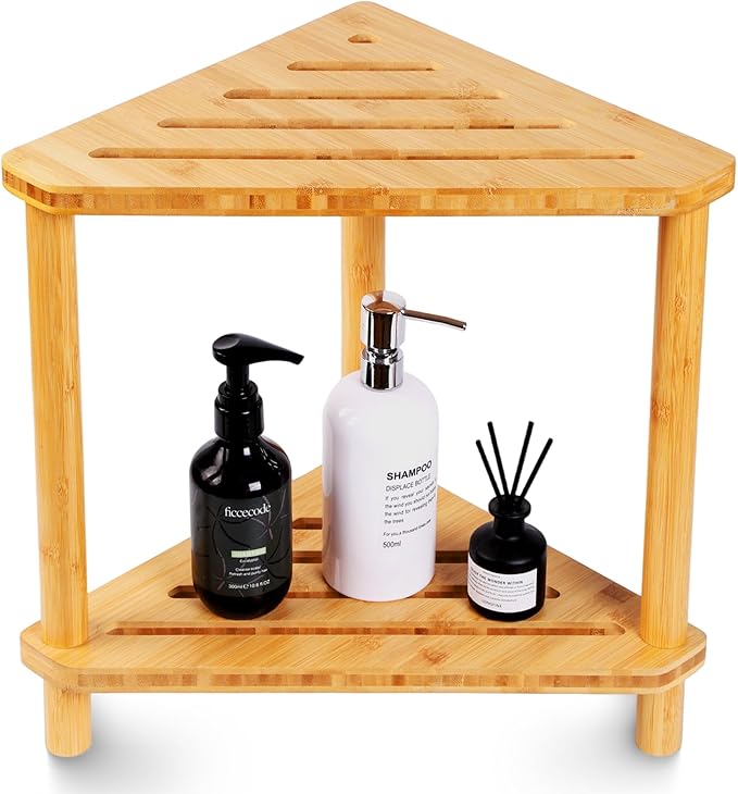 OKIIKOK Corner Shower Stool for Inside Shower Bamboo 2-Tier Waterproof Shower Bench Small Spaces,Shower Foot Rest with Storage Shelf Bath Seat