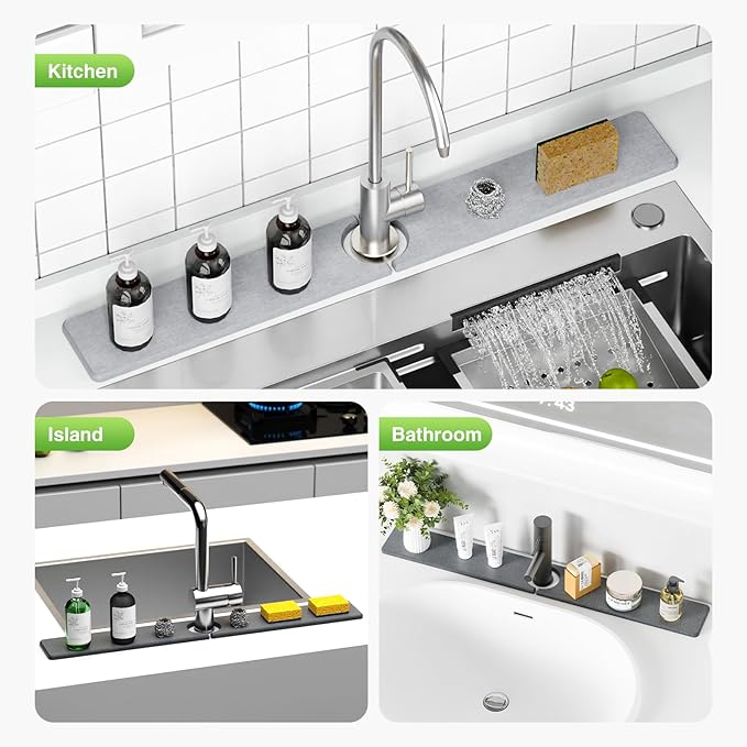 30" x 4" Stone Faucet Mat for Kitchen Sink, Quick Drying Diatomite Sink Tray, Faucet Sink Splash Guard for Prevents Moisture Buildup (Light Gray)