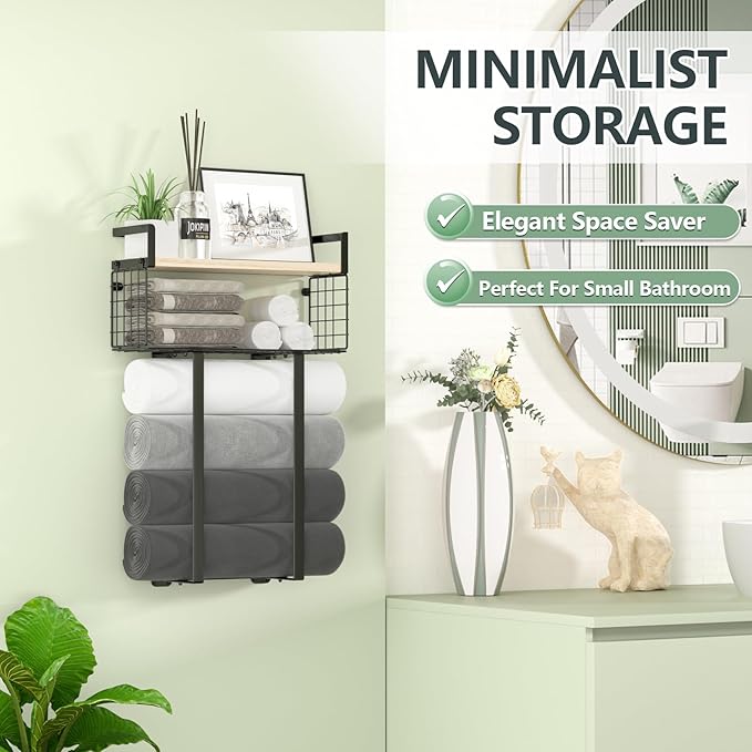 Towel Racks for Bathroom, Metal Towel Holder with Storage Basket,Wall Towel Rack for Rolled Towels, Towel Storage for Small Bathroom.