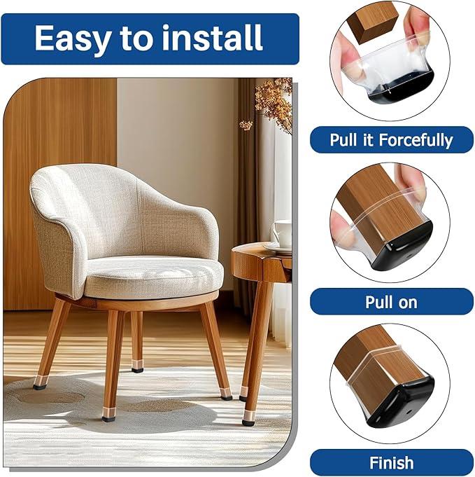 Chair Leg Floor Protectors Furniture Sliders for Hardwood Floors and Carpet Silicone Non Slip Reduce Noise 28 Pcs Clear Square XL Fit:1-1/2" ~ 1-3/4"