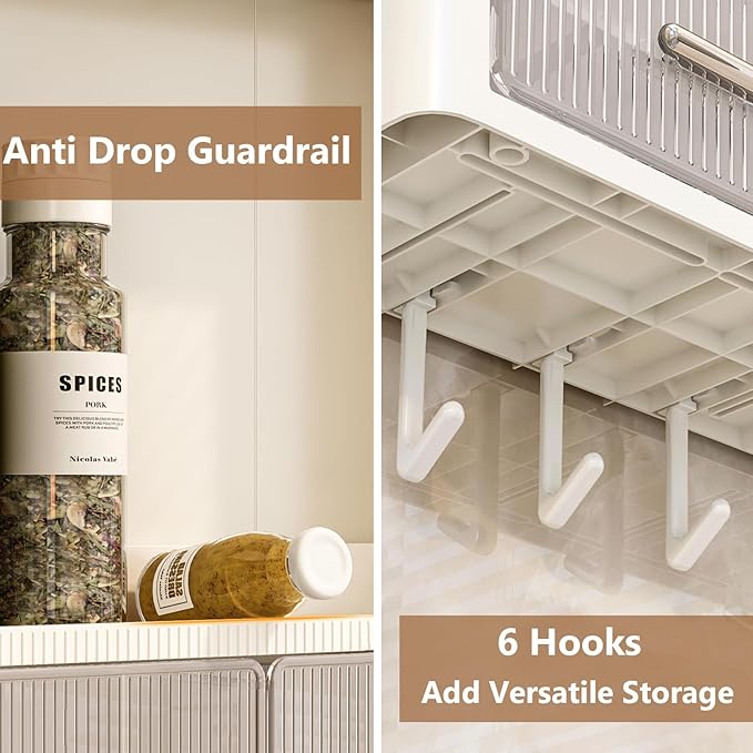 Spice Rack Kitchen Pantry Organizer and Storage - 3 Tier with Drawers and Hooks Kitchen Shelf for Spice Jars and Seasonings, No Drilling Adhesive Wall Mounted Hanging Home Organization