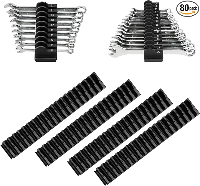 80 pcs Modular Wrench Organizers for Tool Drawers - Wrench Rack with Metric & SAE Labels, Perfect Tool Storage Holder. Gift for father, brother and boyfriend (No Magnet, Black)
