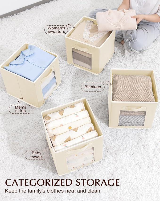 Storage Cube 11 Inch - Cube Storage Bins with Window, Closet Storage Baskets with Handle, Fabric Bins for Closet, Shelves, Toys, Clothes, Set of 14, Beige
