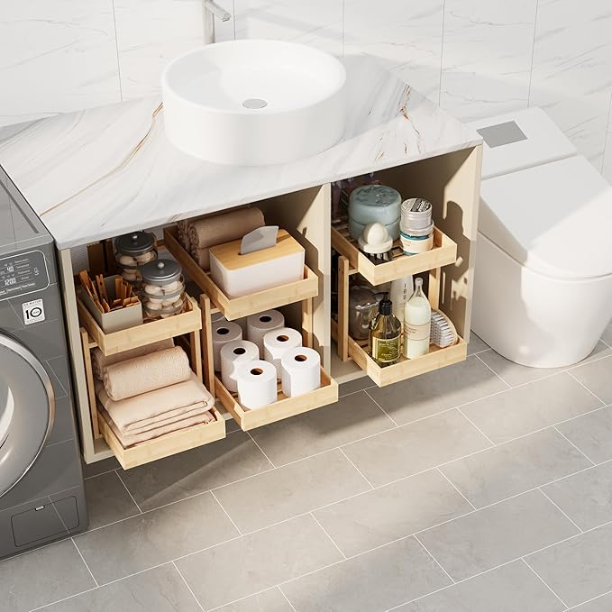 Bamboo Wood Under Sink Organizer 2 Pack, Pull Out Cabinet Organizer 2 Tier Under Sink Organizers and Storage with Sliding Drawer Sturdy Easy Assembly for Kitchen Bathroom (Nature)