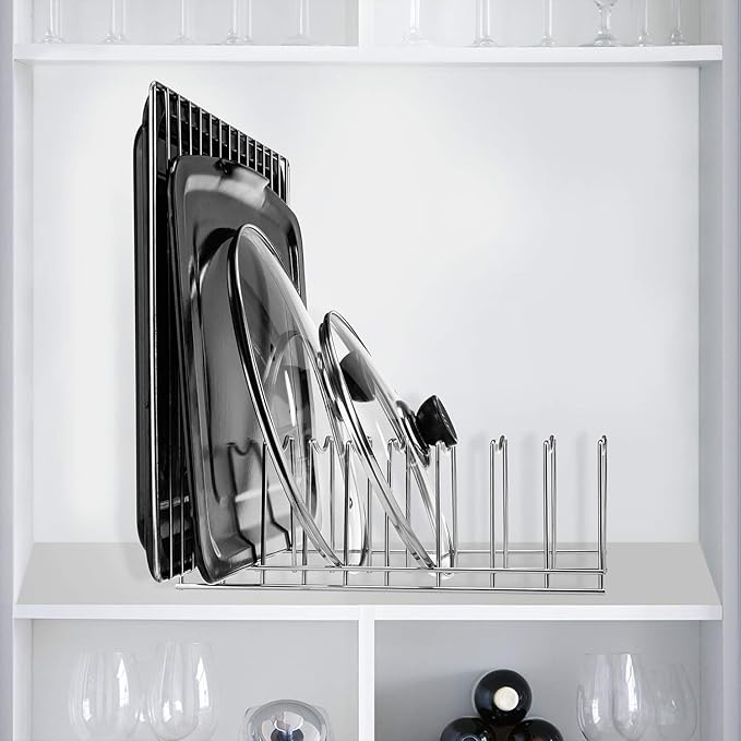 Pot Lid Organizer, Kitchen Pot Lid Rack Holder, Rest Cutting Board, Baking Sheet, Pots & Pans, Serving Trays, Stainless Steel (Silver, 2)
