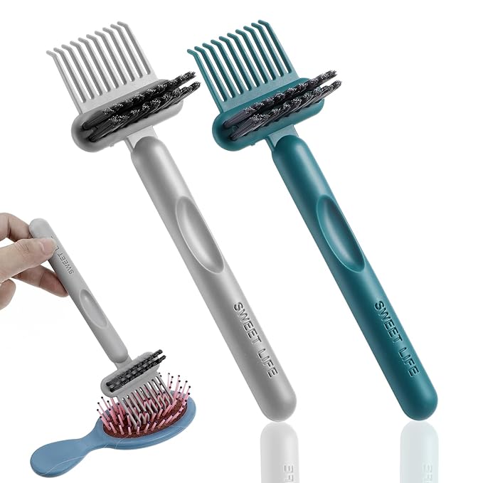 2Pcs 2-in-1 Hair Brush Cleaner & Remover Tool Brush Cleaning Tool Comb Cleaner Effective Hairbrush Cleaner Hair Brush Remover Rake for Man Woman Home Travel Salon Removing Hair Dust (Gray; Green)