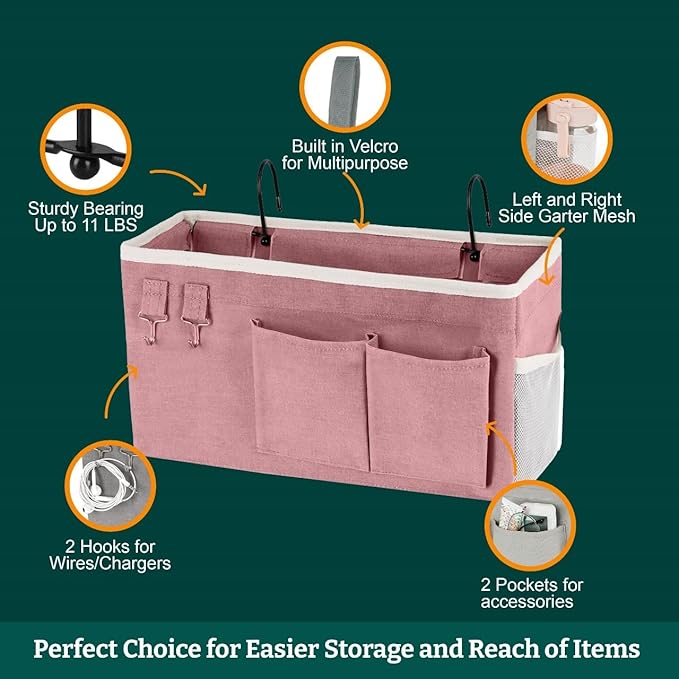 ADVANCELLPRO Bedside Caddy Organizer Hanging Storage Bag with Pockets for Books, Magazines, Phone, Tablet & Water Bottle – Bedside Storage for Dorm, Bunk Beds, Hospital Beds & Cribs, Pink