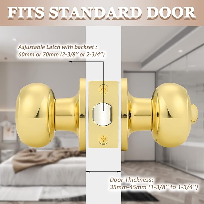 Probrico Privacy Door Knobs Lock Interior Bedroom Bathroom Door Handle Polished Brass Round Ball Keyless Lockset 5 Pack