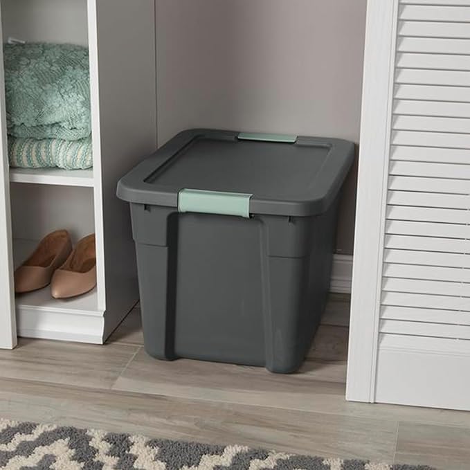 Sterilite 12 Pack Latch Tote, Stackable Plastic Storage Container, 12 Gallon, Gray/Green
