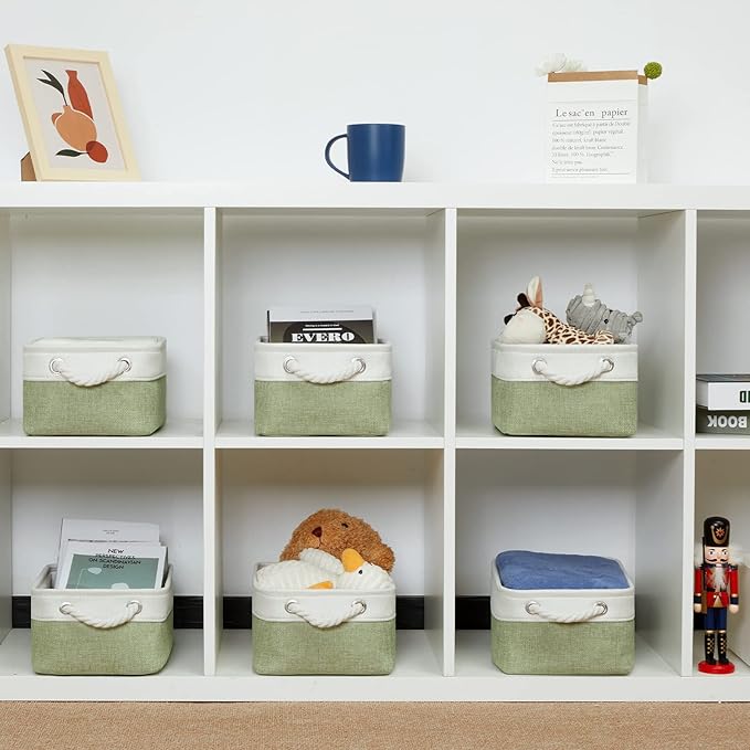 Bidtakay Small Baskets for Organizing Linen Closet Storage Baskets Set Of 6 Decorative Storage Bins for Shelves Cute Rectangular Baskets for Gifts Empty Nursery Dog Toys Baby Storage (White&Green)