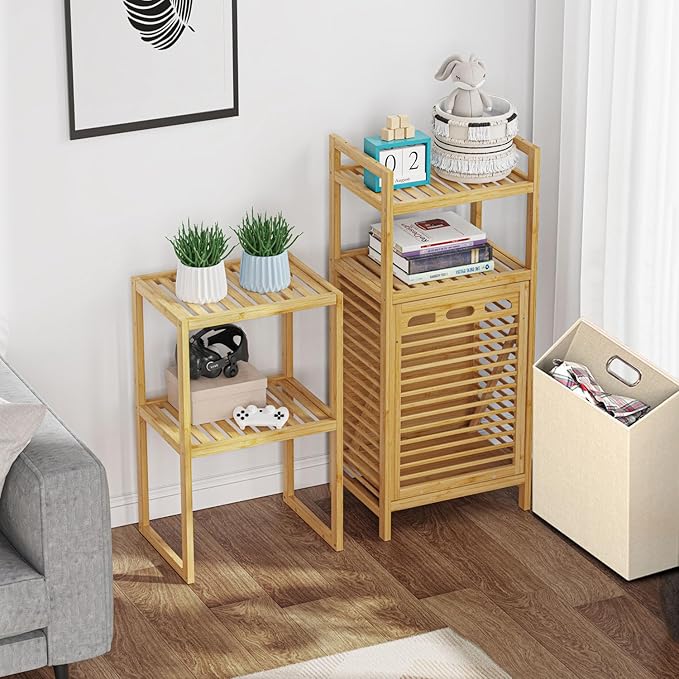 Bamboo Tilt Out Laundry Hamper, 4-Tier Tilt Out Hamper for Laundry with Shelf & Removable Clothes Basket - Can Convert to 2-Tier Pull-Out Laundry Hamper & 2 Tier Freestanding Shelf, Beige