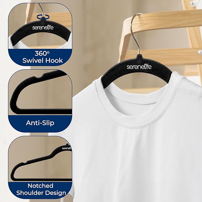 SereneLife 30 Pack Velvet Hangers – Non-Slip Clothes Hangers with Heavy Duty Design, Slim Space-Saving Coat Hangers with 360° Swivel Hook, Strong Lightweight Closet Organizer Set for Clothes (Black)