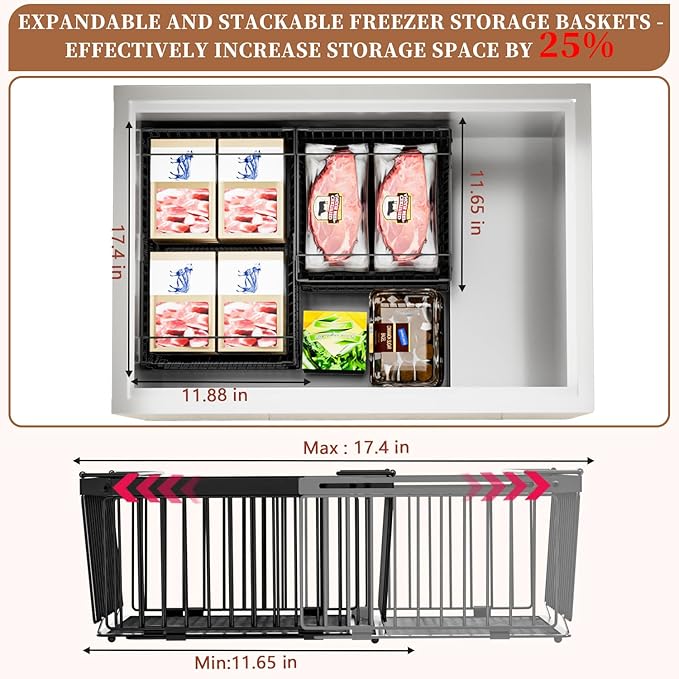 Large Freezer Organizer Bins，Upgraded Bottom Leak-Proof net，Fit 10 to 20 Cu.Ft Deep Freezer，3 Pack， Expandable Stackable Chest Freezer Organizer Bins , for Fridge, Deep Freezer, Cabinet