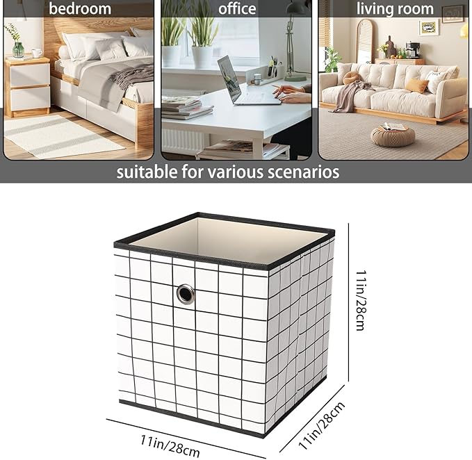 Foldable Storage Cubes Bins,11 Inch Cloth Storage Cube Fabric Storage Box Cubes Organizer Baskets with Dual Handles for Home Organizer Set of 3 (White grid)