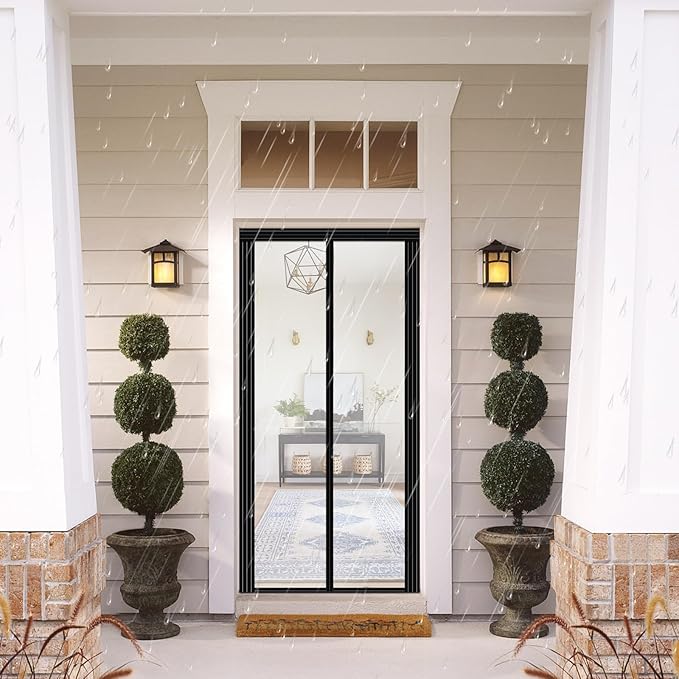 Transparent DIY Adjustable Insulated Door Curtain Fit Doors Size Width 34" - 39" Height 81" - 84"- Reinforced Self Sealing Magnetic Screen Door, Hands Free Door Screen with Closure Weighted Bottom