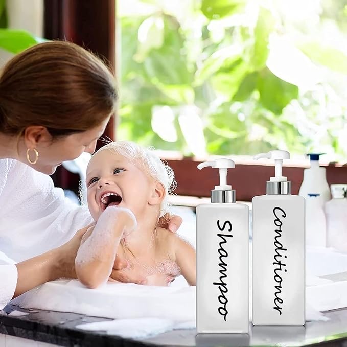 21oz Shampoo and Conditioner Dispenser (Set of 3) Modern Refillable Shampoo Pump Bottles for Shower Soap - Empty Shampoo Conditioner Body Wash Dispenser Set - Stylish Permanent Labels - for Bathroom