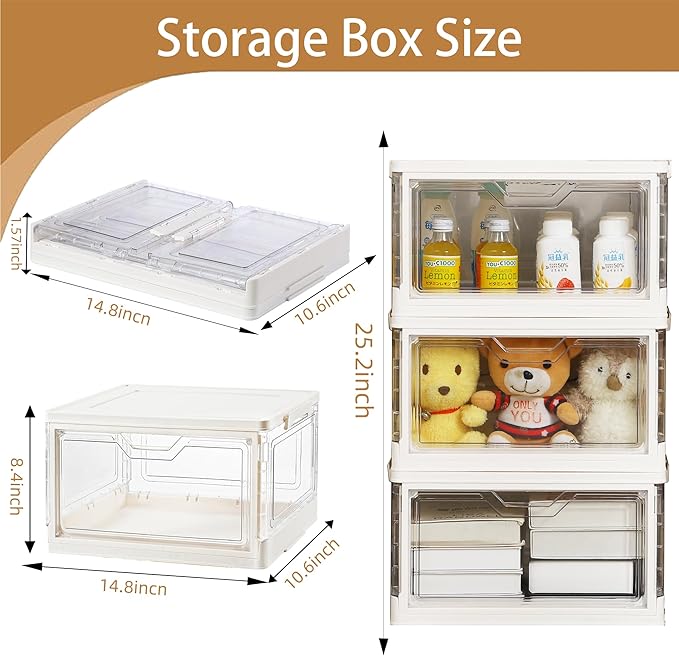 Storage Bins with Lids 3 Pack Clear Stackable Plastic Closet Organizers Containers w/Magnetic Door Box for Wardrobe Bedroom Office Dorm