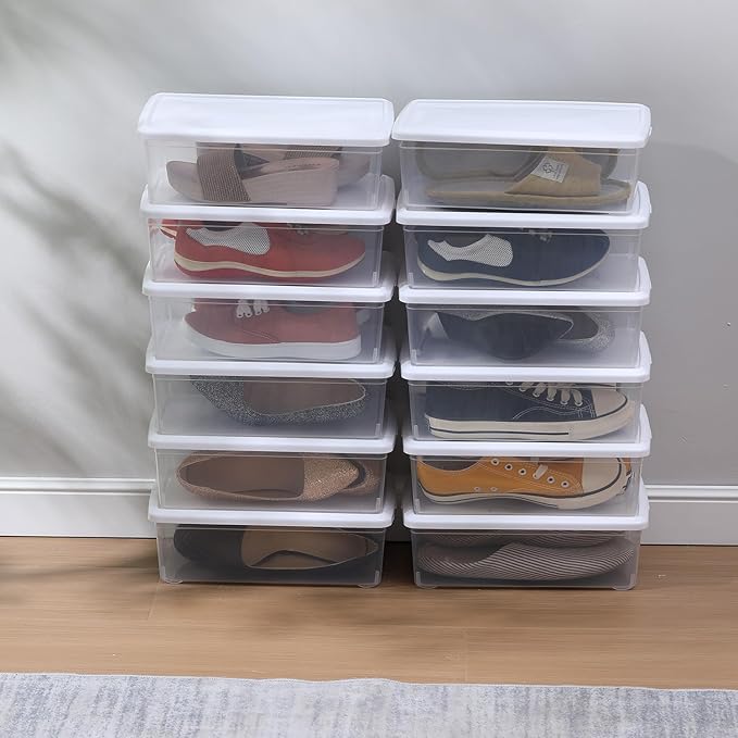 Party Club of America 6 Quart Latching Storage Box,Plastic Clear Storage Bins With Lids Stackable 12 Packs Storage Containers Plastic Shoe Boxes With Lids (Whtie, 12 Pack)