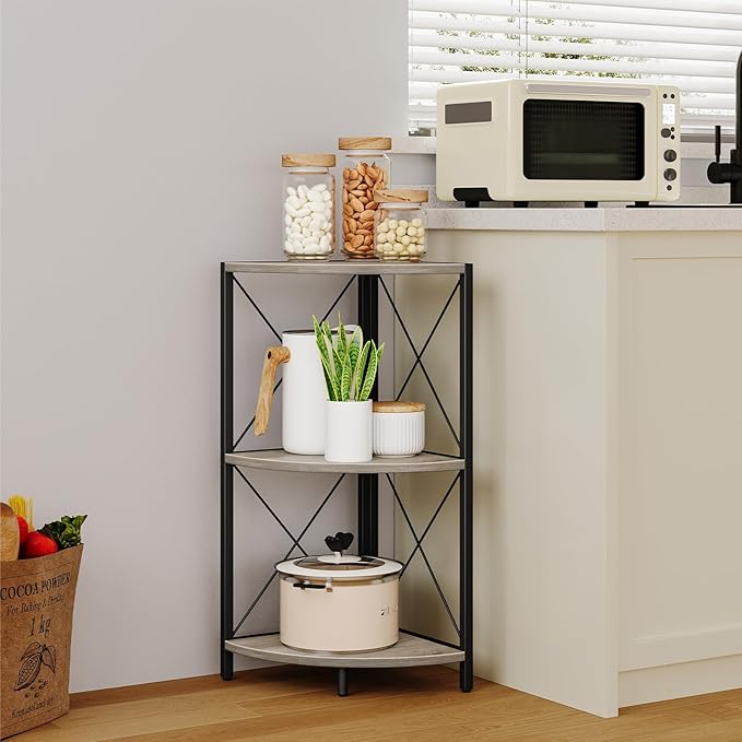 Snughome Corner Shelf for Desktop, 3-Tier Corner Storage Organizer with Metal Frame, Freestanding Corner Shelf Stand Display Rack for Kitchen Counter, Living Room, Grey