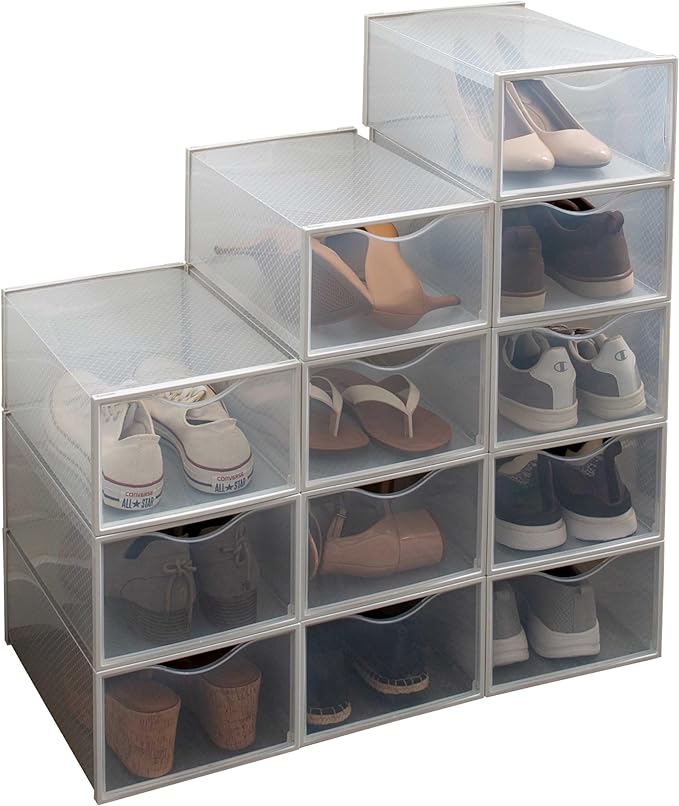 Simplify Set of 12 Stackable Shoe Boxes | Customizable | Fits Size 11 Shoes | Drop Front Design | Closet Storage | Sneakers | Heels | Clear and White