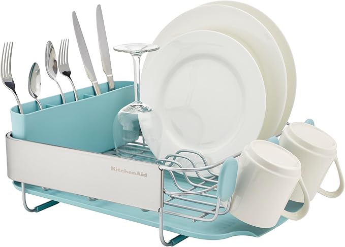KitchenAid Compact Space Saving Rust Resistant Dish Rack with Removable Flatware Caddy and Angled Self Draining Drainboard, 12.63 x 15.87 x 5.54 Inch, Mineral Water