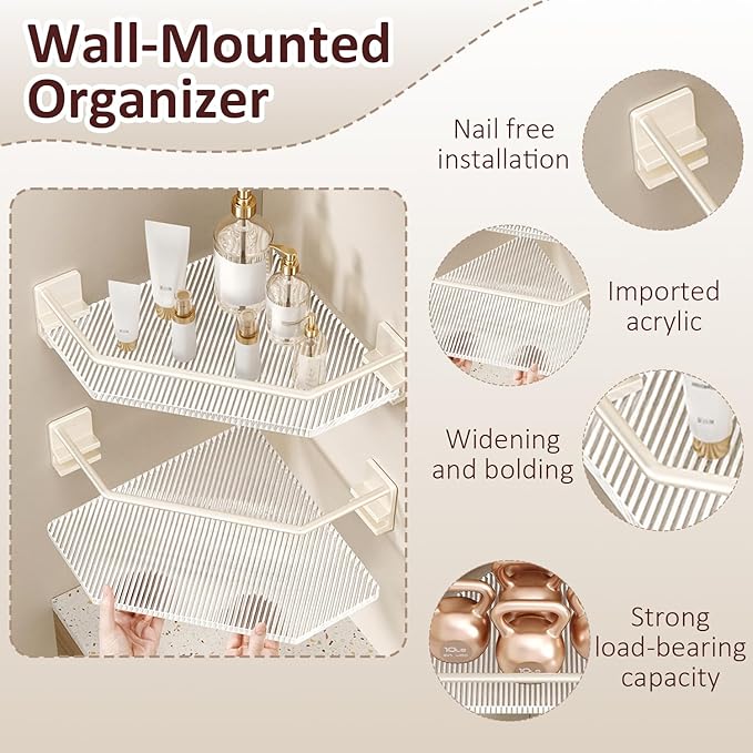Shower Corner Caddy , 2 Pack 12" Brushed 304 Stainless Steel Organizer for Bathroom,Kitchen & Balcony, Floating Shower Wall Shelf Bath Basket Rack Heavy Duty 2 Pack (Gold,Acrylic)