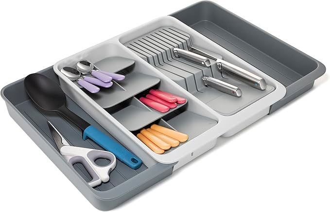 Joseph Joseph DrawerStore Expanding Tiered Flatware Cutlery Tray with Knife Organizer, Expandable In-Drawer Space-Saving Kitchen Storage, Recycled Plastic