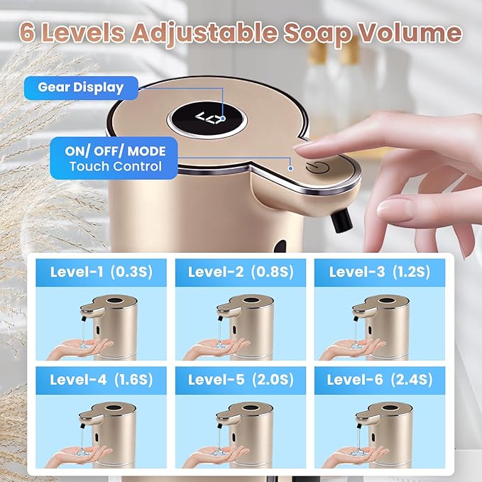 Automatic Soap Dispenser, Touchless Liquid Soap Dispensers, USB Rechargeable, 6-Level Adjustable Volume Control, 12.8oz/380ml, Wall Mount for Kitchen, Bathroom, Free Stickers (Champagne Gold)