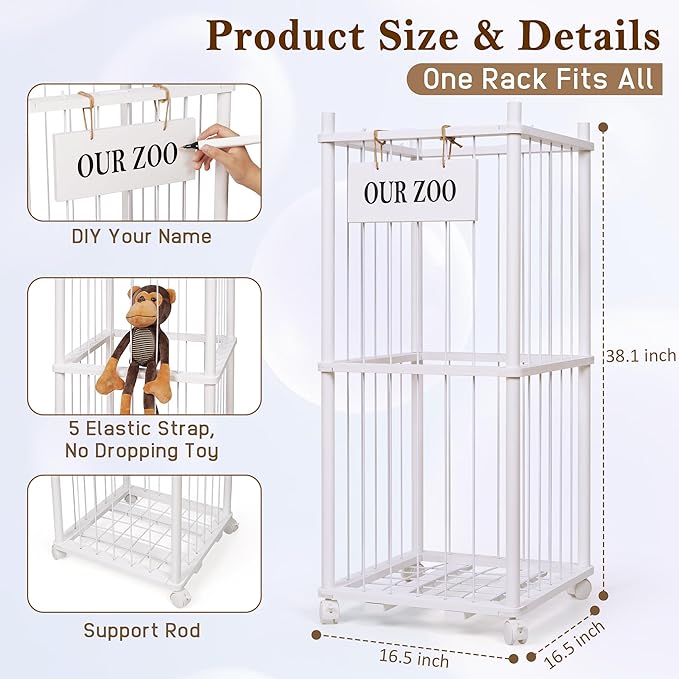 Stuffed Animal Storage Zoo, Wooden Stuffed Animal Organizer with Removable Wheels & 5-Row Elastic Cords, Space-Saving Plush Toy Storage Holder for Playroom, Bedroom, Nursery