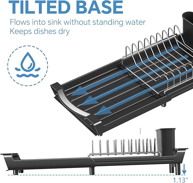 Simple Trending Small Dish Drying Rack, Compact Expandable Dish Rack with Cutlery Holder, Sink Dish Drainer for Kitchen Countertop, Black