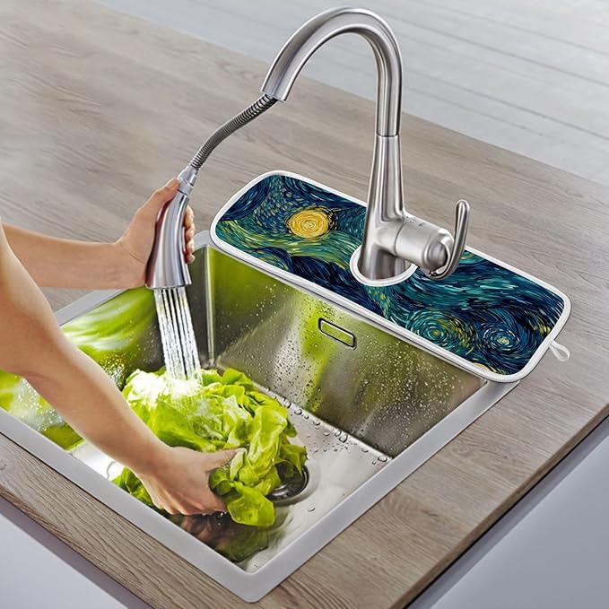 Sink Faucet Absorbing Mat Kitchen Sink Splash Guard Splash Faucet Drip Catcher for Bar RV Bathroom 2PCS 23.6x5.5in Starry Night Sky Swirling Neon Blue