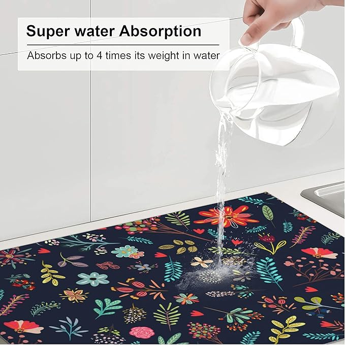 Set of 3 Colorful Flowers and Leaves Dish Drying Mat & Kitchen Sink Splash Guard Faucet Mat For Kitchen Counter Absorbent Microfiber Dishes Pad Dish Drainer Rack Mats Fast Dry Kitchen Accessories