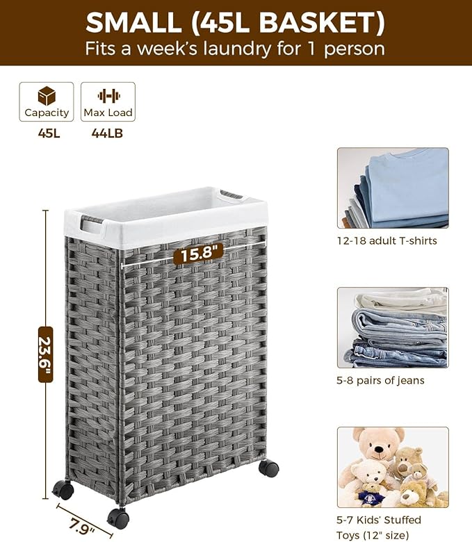 Greenstell Laundry Hamper with Wheels, 11.9 Gallon (45L) Small Clothes Hamper with 2 Removable Liner Bags & 2 Mesh Bags, Slim Rattan Laundry Basket for Bathroom, Bedroom, Grey