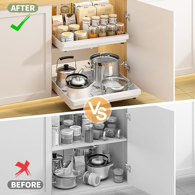 2 Pack Pull Out Cabinet Organizers Expandable, Plastic Slide Out Drawers for Kitchen, Bathroom, Pantry, Under Sink Storage, Pull Out Drawers Fixed with Adhesive Nano Film (White, 11.6''-17.5'')
