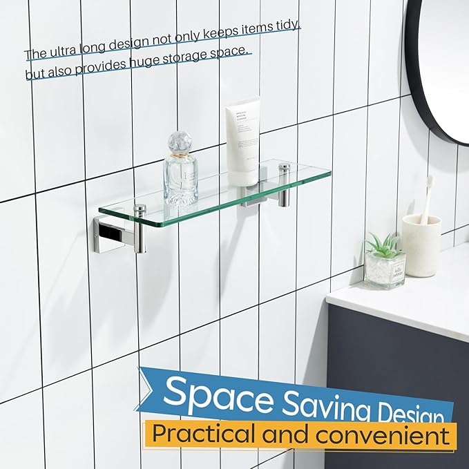 KOKOSIRI Bathroom Shelves Wall Mounted Floating Glass Shelf Polished Stainless Steel 16-Inch Small Hanging Rack for Storage/Room Decor B1105CH-L16