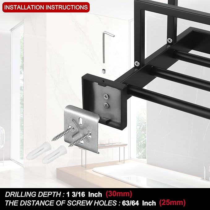KOKOSIRI Matte Black Towel Rack 24'' Bathroom Towel Shelf with Double Towel Bars SUS304 Stainless Steel Wall Mounted, B6003BK