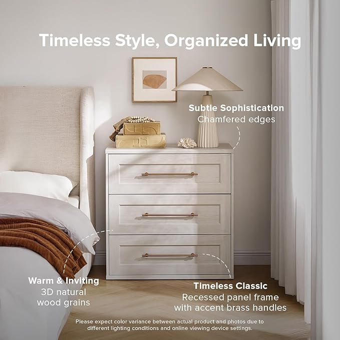 mopio Blake 3 Drawer Dresser for Bedroom, Chest of Drawers, Wood Dresser Organizer, Modern Farmhouse, Tall Night Stand, Enhanced Safety, Sturdy Compliant (White Oak, Set of 2)