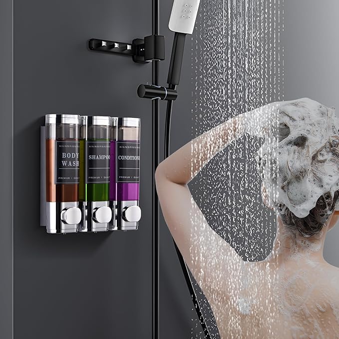 Shower Soap Dispenser Wall Mounted No Drill Shampoo Dispenser for Shower Wall Shampoo and Conditioner Dispenser Bathroom Hote 3 * 300ml Chrome Self