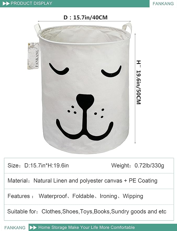 FANKANG Storage Basket, Nursery Hamper Canvas Laundry Basket Foldable with Waterproof PE Coating Large Storage Baskets for Kids Boys and Girls, Office, Bedroom, Clothes,Toys（dog）