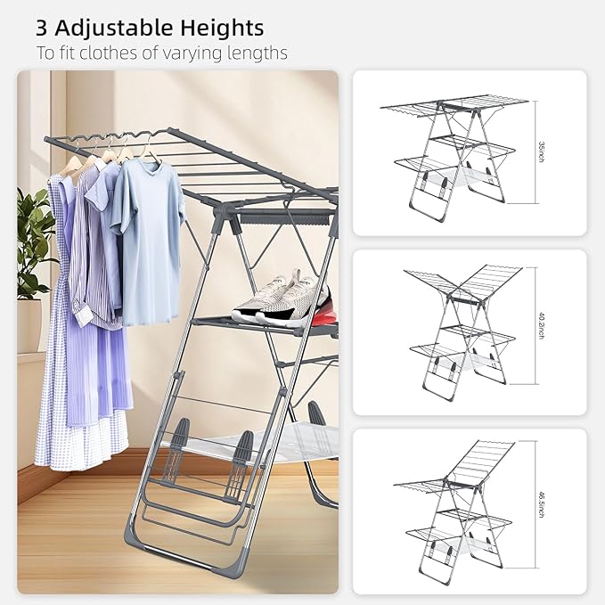 SZJoyBet Clothes Drying Rack, Foldable 2-Level Laundry Drying Rack for Clothes,Stainless Steel Drying Rack Clothing Collapsible for Indoor Outdoor,with Height-Adjustable Wings