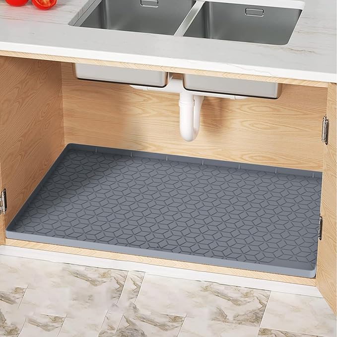 Under Sink Mat, 28"x22" Under Sink Mats for Kitchen, Silicone Waterproof Under Sink Liner, Sink Cabinet Organizer Tray with Drain Hole