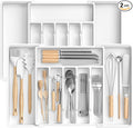 Large Silverware Organizer,Expandable Utensil Drawer Organizer,BPA Free Utensil Holder,Adjustable Silverware Tray Cutlery Drawer Organizer for Kitchen Flatware,Large,White,2 Pack