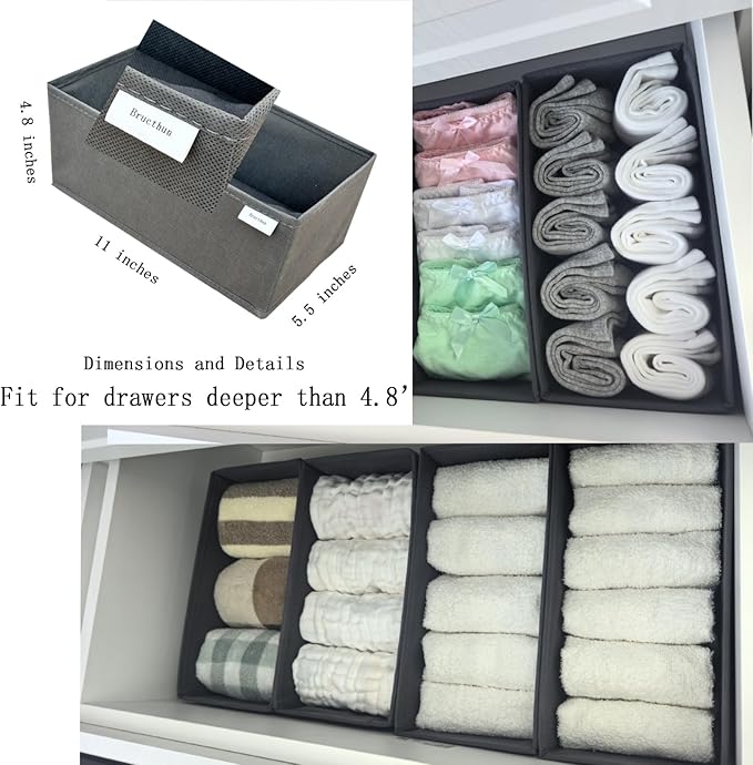 Foldable Fabric Drawer Organizer Set 4 Pack Dresser Dividers - Sock Underwear Storage Bins Gray